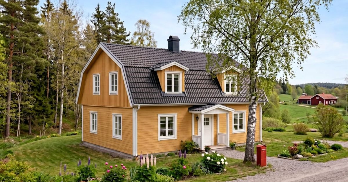 Mansardtak i tegel på gult hus